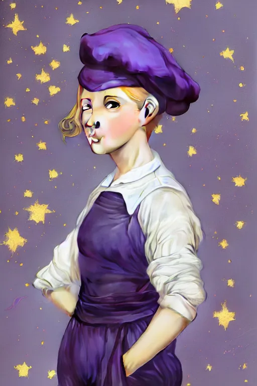 Image similar to Full View girl with short blond hair wearing an oversized purple Beret, Baggy Purple overall shorts, Short Puffy pants made of silk, silk shoes, a big billowy scarf, Golden Ribbon, and white leggings Covered in stars. Short Hair. masterpiece 4k digital illustration by Ruan Jia and Mandy Jurgens and Artgerm and william-adolphe bouguereau, award winning, Artstation, art nouveau aesthetic, Alphonse Mucha background, intricate details, realistic, panoramic view, Hyperdetailed, 8k resolution, intricate art nouveau