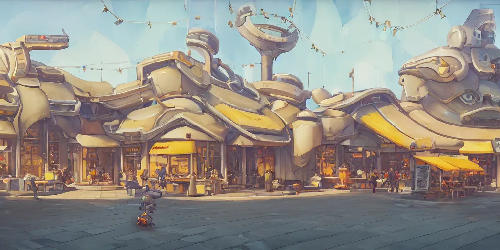 Prompt: overwatch building, stylized, exterior, architecture, in watercolor gouache detailed paintings, insanely detail, artstation, 8 k, futuristic, big medium small, arcane, simon stalenhag, food stall, interesting shapes & form, golden ratio, megastructures, vitaly bulgarov, mall, jungle, environment, nature