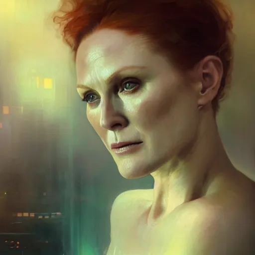 Image similar to julianne moore, hyperrealistic portrait, bladerunner street, art of elysium by jeremy mann and alphonse mucha, fantasy art, photo realistic, dynamic lighting, artstation, poster, volumetric lighting, very detailed face, 4 k, award winning