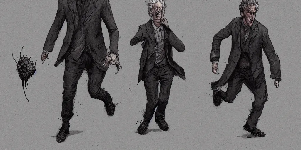 Image similar to cartoonish peter capaldi running away, character sheet, fine details, concept design, contrast, kim jung gi, greg rutkowski, trending on artstation, 8 k, full body, turnaround, front view, back view, ultra wide angle