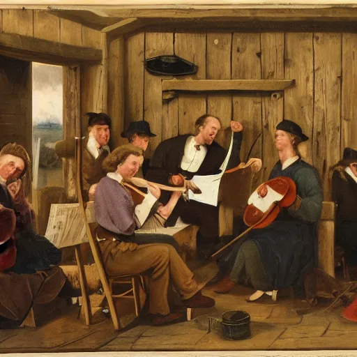 Prompt: the corries performing music in a tavern