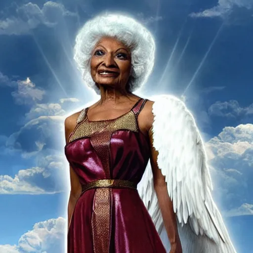 Image similar to nichelle nichols as a heavenly angel in cloud heaven meeting with god photorealistic fantasy epic