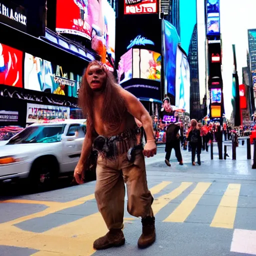 Prompt: a neanderthal confused in times square