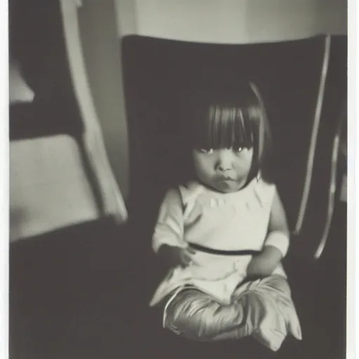 Image similar to a toddler girl sitting in a living room designed by yohji yamamoto, polaroid