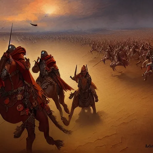 Image similar to crusaders charging across the desert sand by marc simonetti,