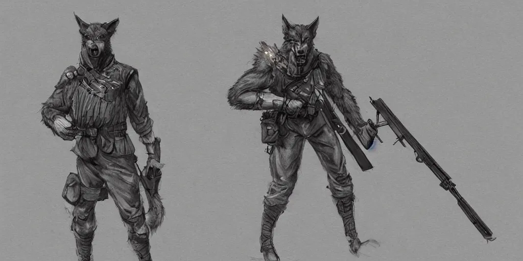 Image similar to Full body concept art of A High fantasy WW1 werewolf firing a enchanted heavy shotgun trending on artstation deviantart Pinterest detailed High Resolution HD 8k