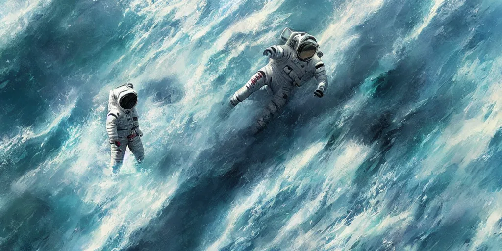 Image similar to an astronaut waist deep in the ocean,digital art,detailed,ultra realistic,art by greg rutkowski