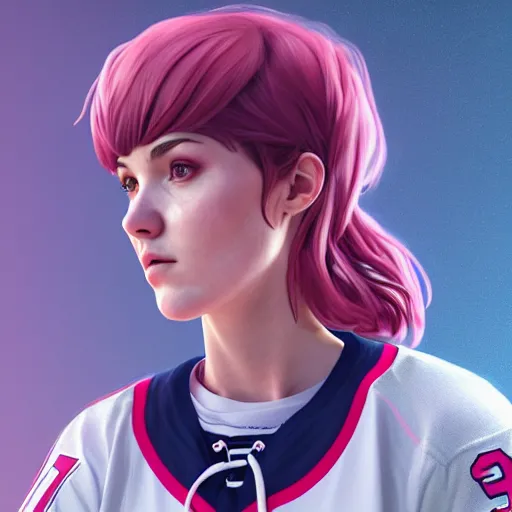 Image similar to portrait from Life is Strange, Female Ice Hockey Player, Habs fantasy, intricate, elegant, pink mist, highly detailed, digital painting, trending on artstation, concept art, smooth, sharp focus, illustration, art by artgerm and greg rutkowski and alphonse mucha, unreal engine, 4k, 8k