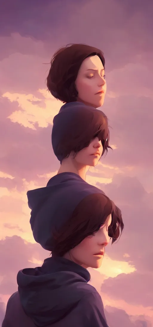 Prompt: a beautiful british woman with short brown hair, gentle, somber amber eyes, standing on a rooftop, storm in the distance, oversized hoodie that goes down to the knees, digital art by makoto shinkai ilya kuvshinov and wojtek fus, digital art, concept art,