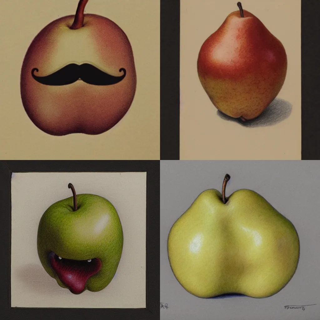 Prompt: an angry light-brown pear with a thick mustache and a white circle around its head, wearing a general\'s uniform, high quality color pencil drawing