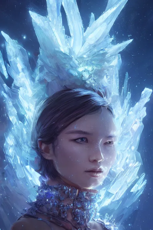 Image similar to A fancy portrait of a crystalized creature by Greg Rutkowski, beeple, Sung Choi, Mitchell Mohrhauser, Maciej Kuciara, Johnson Ting, Maxim Verehin, Peter Konig, final fantasy, 8k photorealistic, cinematic lighting, HD, high details, dramatic, dark atmosphere, trending on artstation