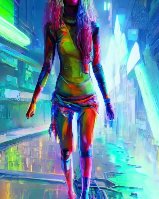 Prompt: colorful full body portrait of a hippie, set in the future 2 1 5 0 | highly detailed | very intricate | symmetrical | professional model | cinematic lighting | award - winning | painted by mandy jurgens | pan futurism, dystopian, bold colors, cyberpunk, groovy vibe, anime aesthestic | featured on artstation