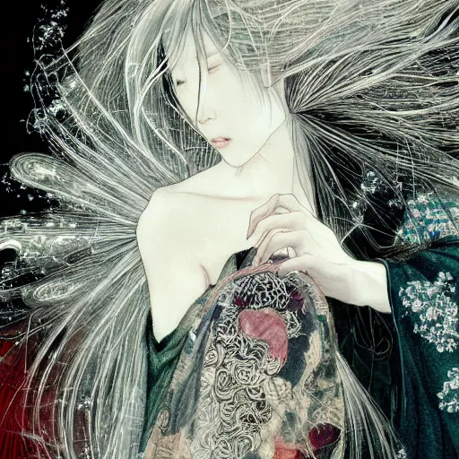 Prompt: yoshitaka amano blurred and dreamy realistic illustration of a japanese woman with black eyes, wavy white hair fluttering in the wind wearing cloak and elden ring armor with engraving, abstract patterns in the background, satoshi kon anime, noisy film grain effect, highly detailed, renaissance oil painting, weird portrait angle, blurred lost edges, three quarter view