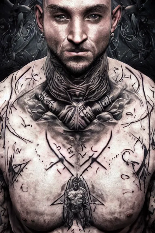 Image similar to Photorealistic frontal standing pose portrait of a muscular man chest and torso heavily tattooed with Elvish runes, letters and symbols, all his skin is covered by tattoos, from face to neck to toe, surrounded by magic lightings overlays, Intricate, concept art, magic lighting overlays, magical portal opened, D&D!, fantasy style, sharp focus!, ultra detailed, art by Artgerm and Peter Andrew Jones, WLUP, Magali Villeneuve