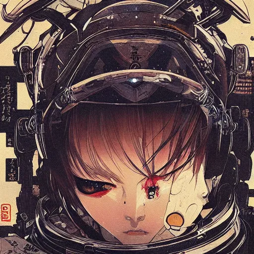 Prompt: a beautiful ukiyo painting of cyberpunk battle space cat, wearing space techwear, detailed symmetrical close up portrait, intricate complexity, by takato yamamoto, wlop, krenz cushart. cinematic dramatic atmosphere, sharp focus