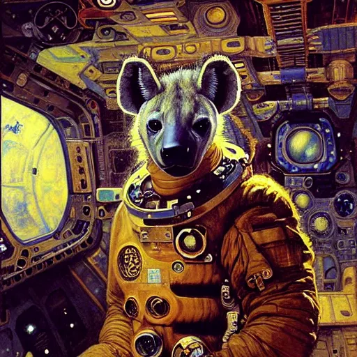 Prompt: portrait of a male hyena wearing a space suit in a space ship. shadowrun furaffiniy cyberpunk fantasy highly detailed painting by gaston bussiere craig mullins jc leyendecker gustav klimt artgerm greg rutkowski john berkey, bergey, craig mullins, ruan jia, raymond swanland, jeremy mann, tom lovell, alex malveda