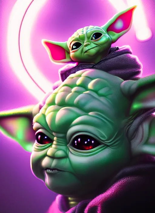 Prompt: portrait of baby yoda cyber humanoid, intricate, elegant, cyber neon lights, highly detailed, digital painting, artstation, glamor pose, concept art, smooth, sharp focus, illustration, art by artgerm and greg rutkowski