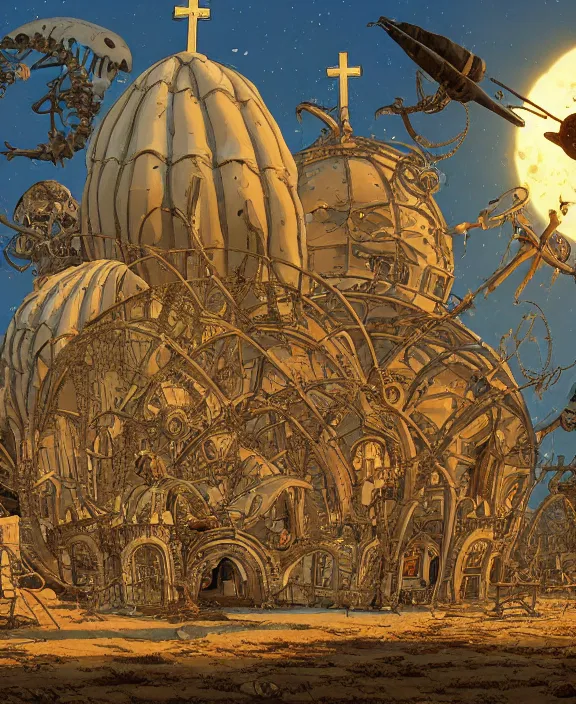 Image similar to inflated church made from obese urchin mollusks, in the style of a puffy spaceship, skeletons, bones, partly cloudy, spooky, dramatic lighting, by geof darrow, bill sienkiewicz, dan mumford, yusuke murata, makoto shinkai, ross tran, cinematic, unreal engine, cel shaded, featured on artstation, pixiv