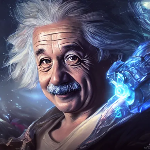 Image similar to portrait of albert einstein as a spellcaster, league of legends amazing splashscreen artwork, gears of war, splash art, natural light, elegant, photorealistic facial features, intricate, fantasy, detailed face, atmospheric lighting, anamorphic lens flare, cinematic lighting, league of legends splash art, hd wallpaper, ultra high details by greg rutkowski