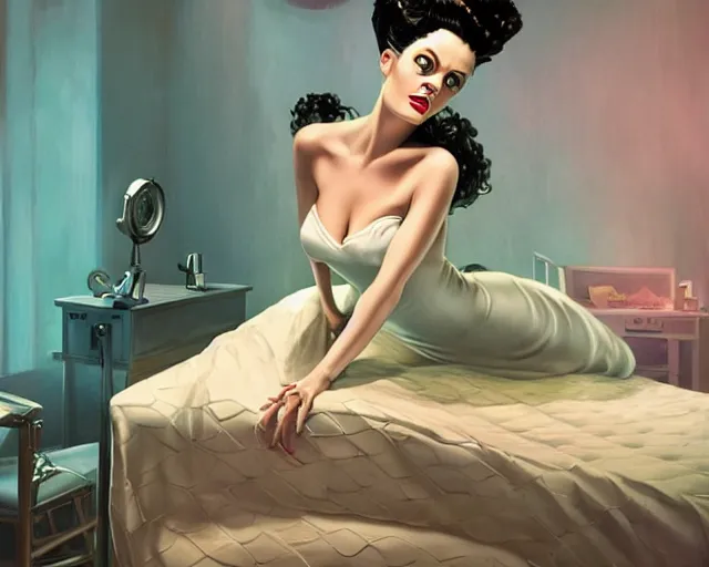Image similar to phtorealistic modern pin up of the bride of frankenstein posing in a bed in the room of a sanatarium, full body, campy color scheme, realistic, center, smooth, golden ratio, detailed, aly fell, daniela uhlig