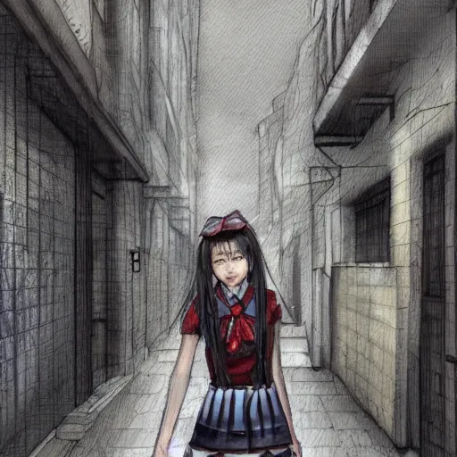 Prompt: a perfect, realistic professional digital sketch of a Japanese schoolgirl posing in a dystopian alleyway, style of Marvel, full length, by pen and watercolor, by a professional American senior artist on ArtStation, a high-quality hollywood-style sketch, on high-quality paper