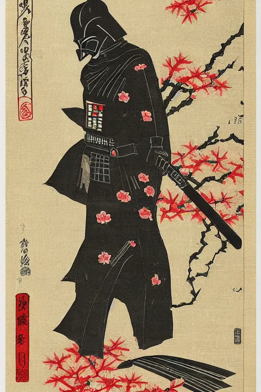 Image similar to Japanese woodblock print of Darth Vader holding a samurai sword , Japanese building and cherry blossom, Hokusai