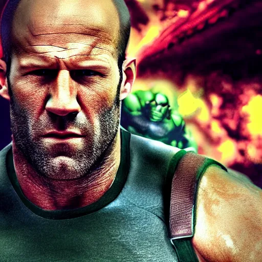 Image similar to if jason Statham was the hulk, cinematic, epic, cool, photo realistic, 4k, high detail