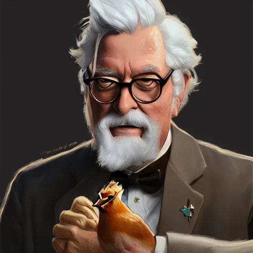 Image similar to closeup of Colonel Sanders petting a a chicken, modern setting, intricate, elegant, highly detailed, digital painting, artstation, concept art, matte, sharp focus, illustration, hearthstone, art by Artgerm and Greg Rutkowski and Alphonse Mucha