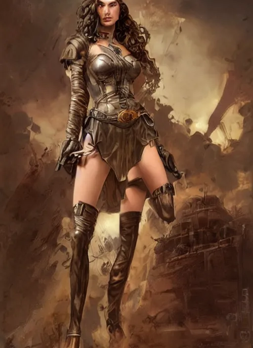 Image similar to highly detailed steampunk gal gadot standing, blond, steel age : leonardo da vinci, greg rutkowski, magali villeneuve