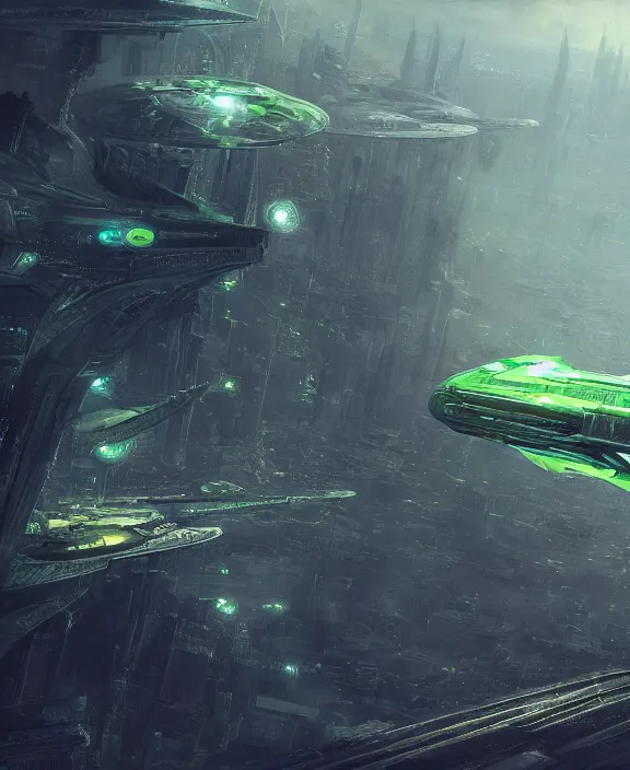 Image similar to a futuristic green spaceship flying above a large city by hr giger and beksinski and stephan martiniere, trending on artstation, 4 k resolution, detailed, high quality, hq artwork