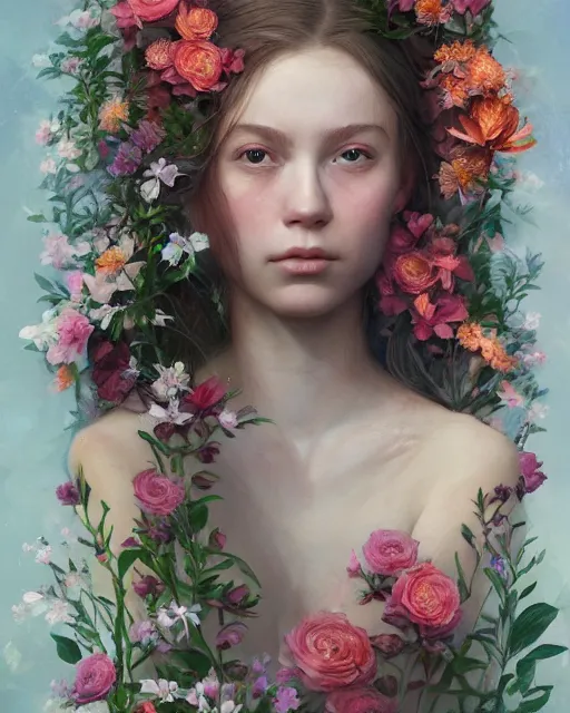 Prompt: portrait of a young swedish girl, 2 0 years old, surrounded by flowers by karol bak, james jean, tom bagshaw, rococo, sharp focus, trending on artstation, cinematic lighting, hyper realism, octane render, 8 k, hyper detailed.