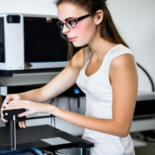 Image similar to Beautiful young woman operating a 3D printer with a curious look on her face