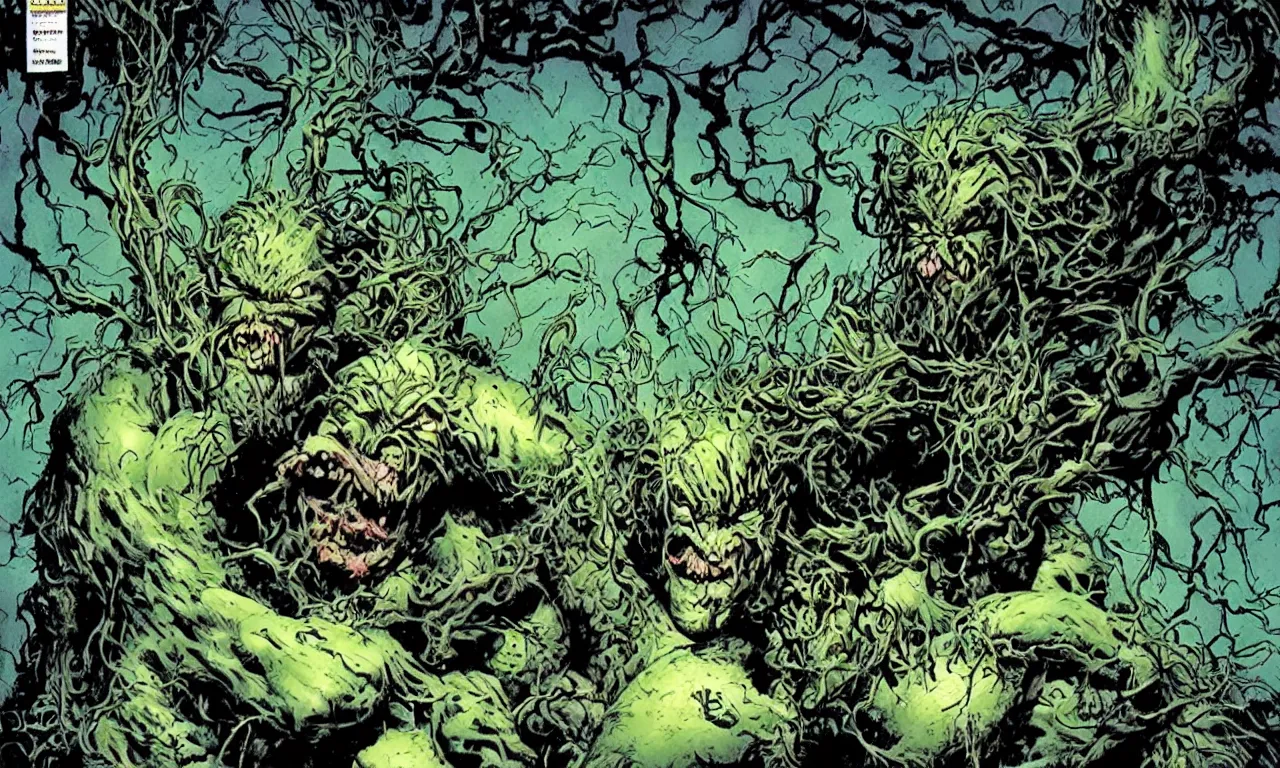 Image similar to swamp thing in a dynamic action pose, forward angle, dramatic night lighting, by bernie wrightston, mike mignola and bill sienkiewicz, monstrous faces blended in the background scenery, canopy of drippy trees