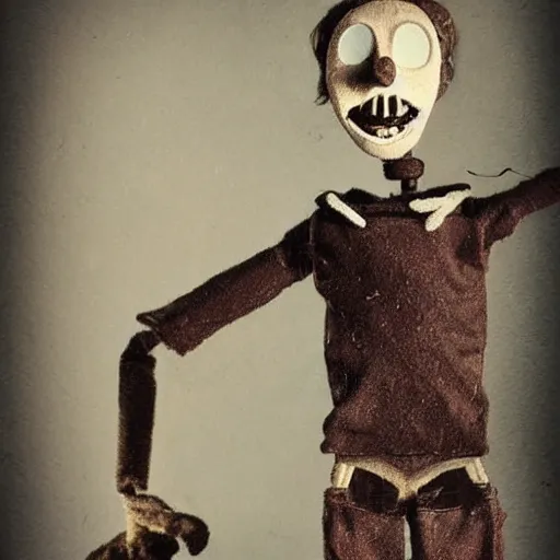 Image similar to alive, creepy marionette puppet, leaping towards viewer, horrific, unnerving, clockwork horror, pediophobia, lost photograph, dark, forgotten, final photo found before disaster, polaroid,