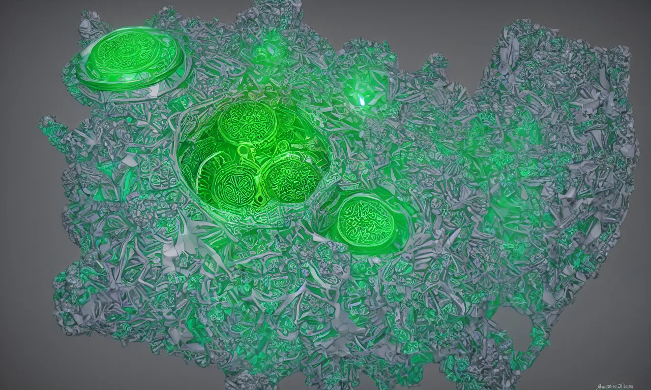 Image similar to mandrelbot 3 d volume fractal mandala ceramic chakra digital color stylized an ancient white bone and emerald gemstone relic, intricate engraving concept 3 d point lighting substance patern natural color scheme, global illumination ray tracing hdr fanart arstation by sung choi and eric pfeiffer and gabriel garza and casper konefal