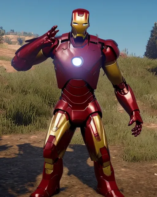 Image similar to robust and bulky iron man suit in red dead redemption 2, cinematic, photorealistic