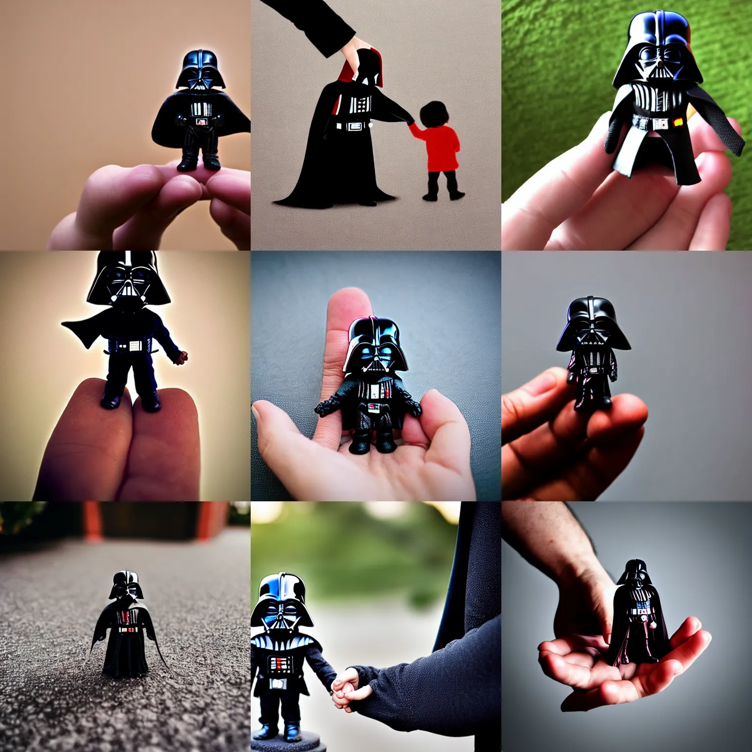 Prompt: hand holding a tiny darth vader