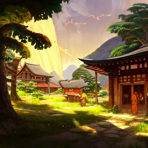 Image similar to concept art painting of a tavern with european and japanese architecture, in a small medieval village surrounded by trees, in a mountain valley, evening, sunset lightning, realistic, highly detailed, cel shaded, in the style of makoto shinkai and greg rutkowski and james gurney