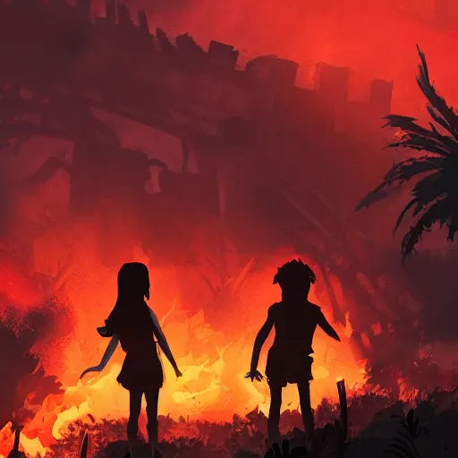 Prompt: a silhouette of a teen brother and sister looking upon the fiery ruins of what was once their home, dynamic lighting, photorealistic dark concept art, trending on artstation, stunning visuals, creative, cinematic, ultra detailed