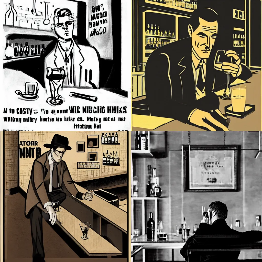 Prompt: a noir detective in a hazy bar drinking whisky on the rocks, renato casaro