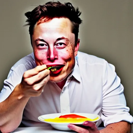 Prompt: an award winning photo of elon musk eating!! crayons!, gourmet restaurant, 4 k, high quality