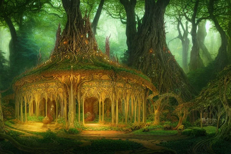 Prompt: a beautiful and highly detailed digital painting of an elven temple in a beautiful garden in a mystical forest by caspar friedrich and albert bierstadt and james gurney and brian froud, lothlorien, psychedelic patterns, celtic designs, intricate details, epic scale, hyperdetailed, hyperrealism, artstation, cgsociety, 8 k, sharp focus