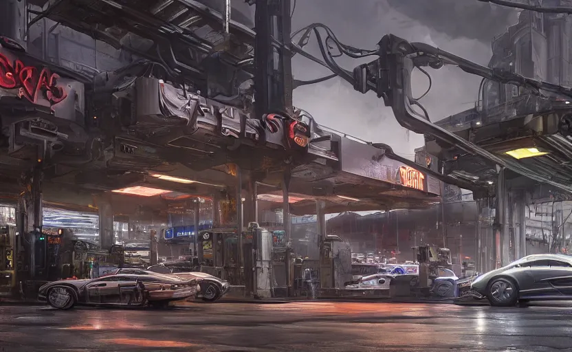 Image similar to Gas station, hyperrealistic mixed media, stunning 3d render inspired art by P. Craig Russell and Barry Windsor-Smith + perfect facial symmetry + dim volumetric lighting, 8k octane beautifully detailed render, post-processing, extremely hyperdetailed, intricate futuristic mechanic parts, epic composition, grim yet sparkling atmosphere, cinematic lighting + masterpiece, trending on artstation