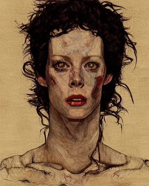 Image similar to portrait of a ripley from alien, by greg rutkowski in the style of egon schiele