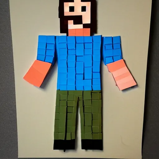 Prompt: steve from minecraft made with pieces of newspaper