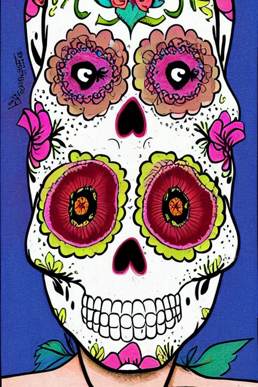 Prompt: Illustration of a sugar skull day of the dead girl, art by howard finster