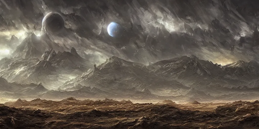 Image similar to an alien dark world landscape , art station, landscape, concept art, illustration, highly detailed artwork, hyper realistic painting