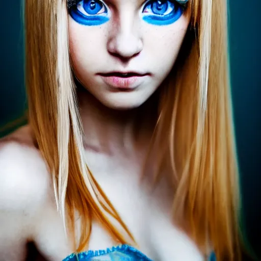 Image similar to A gorgeous blonde with blue eyes, in love, grungy, unkept hair, glowing eyes, modelsociety, radiant skin, huge anime eyes, RTX on, perfect face, intricate, Sony a7R IV, symmetric balance, polarizing filter, Photolab, Lightroom, 4K, Dolby Vision, Photography Award