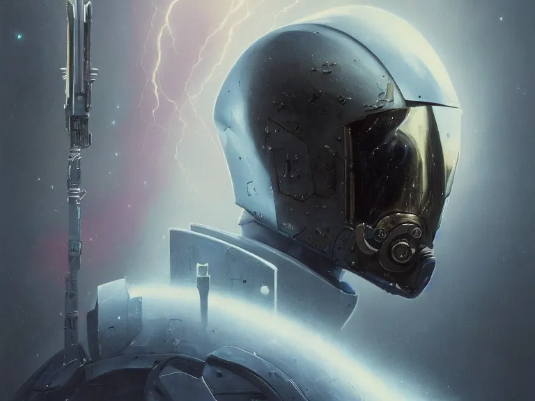 Prompt: a detailed profile oil painting of a bounty hunter in armour and visor, cinematic sci-fi poster. technology flight suit, portrait symmetrical and science fiction theme with lightning, aurora lighting clouds and stars. Clean and minimal design by beksinski carl spitzweg and tuomas korpi. baroque elements. baroque element. intricate artwork by caravaggio. Trending on artstation. 8k