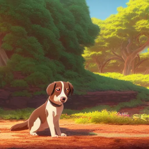 Image similar to a wholesome animation key shot of a brown australian shepherd puppy, studio ghibli, pixar and disney animation, sharp, rendered in unreal engine 5, anime key art by greg rutkowski, bloom, dramatic lighting